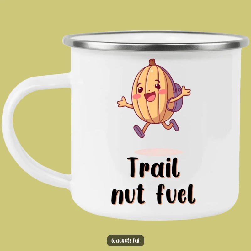 Funny Walnut Camping Mug: Jumping Nut Enamel Mug, Humorous Outdoor Gift