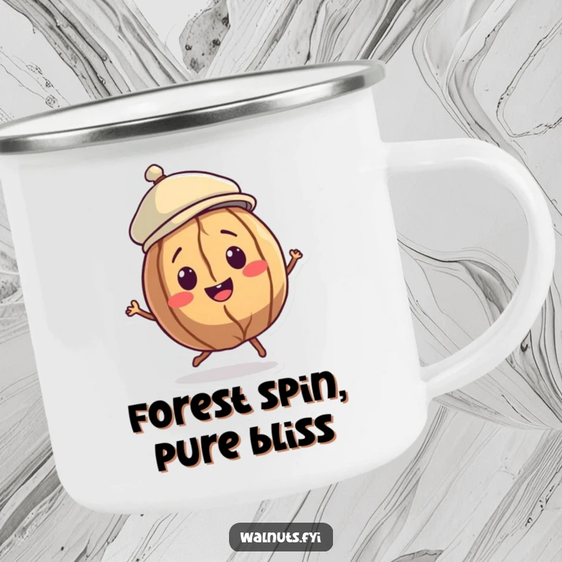 Funny Walnut Dancer Camping Mug featuring a smiling walnut character in a jaunty cap, doing a little spin, designed for outdoor fun.