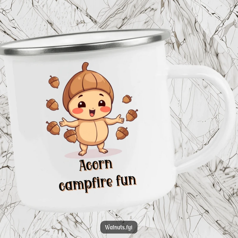 Funny Walnut Camping Mug: Playful walnut juggling acorns, great for outdoor fun, perfect funny gift.