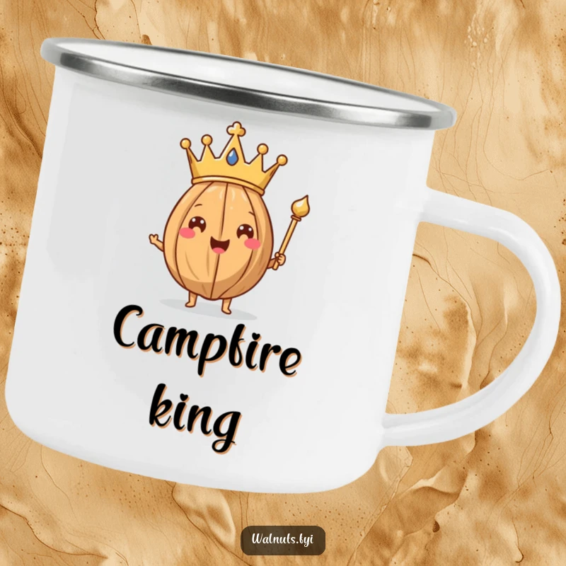 Funny Walnut King Camping Mug with a happy walnut wearing a crown and scepter, embracing the outdoors majestically.