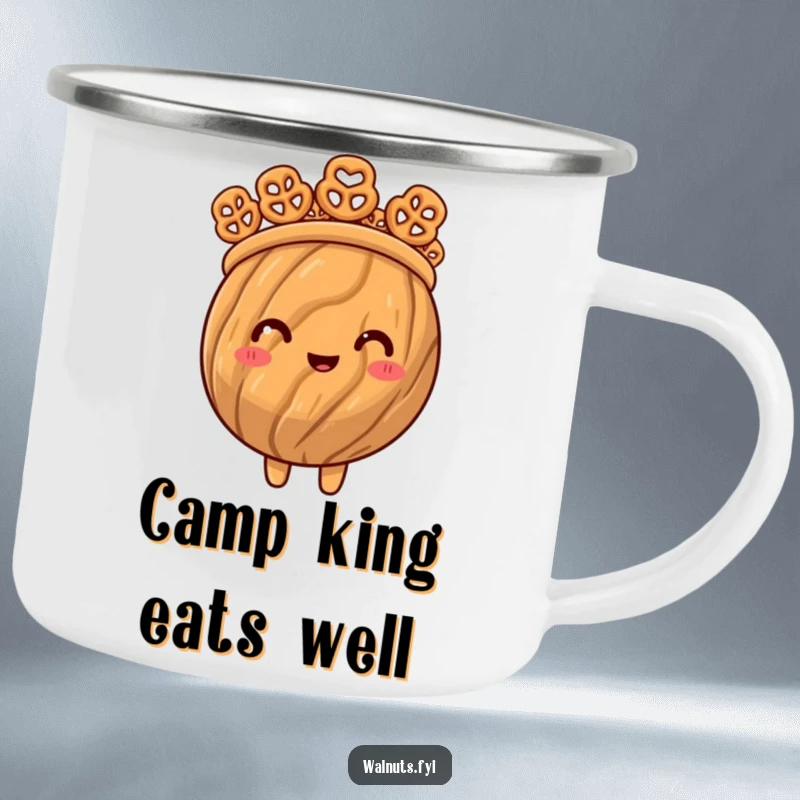Funny camping mug featuring a proud walnut wearing a crown made of miniature pretzel bites, fit for outdoor royalty.