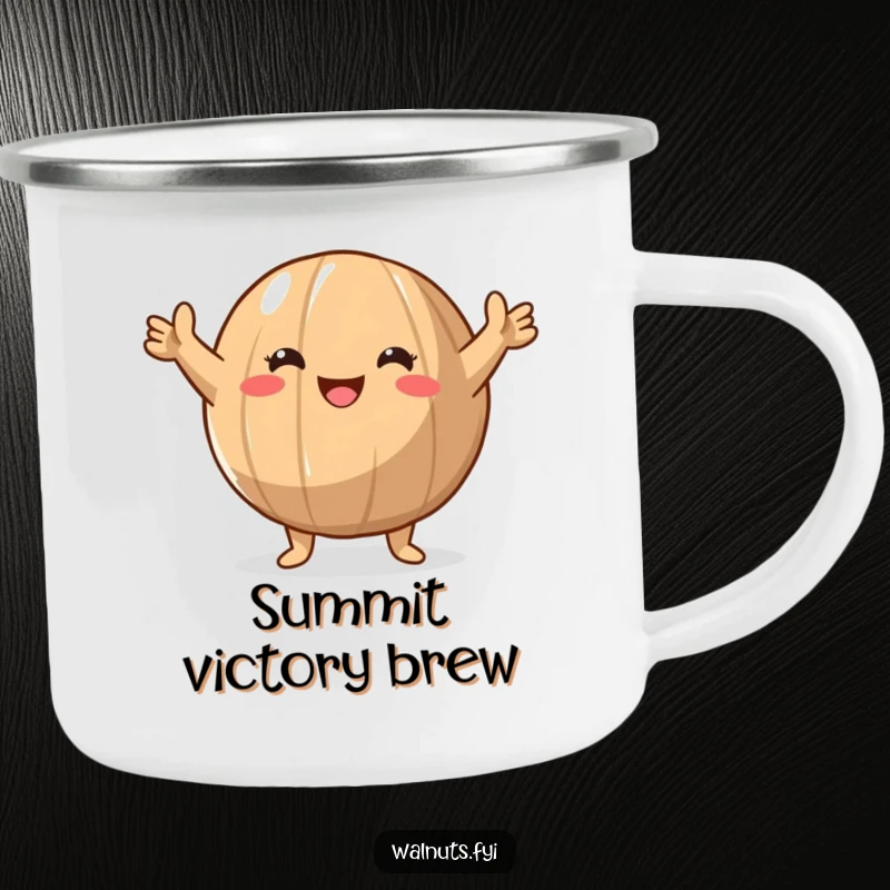 Funny Walnut Victory Camping Mug featuring a round walnut character with arms raised in a triumphant gesture, designed for outdoor celebrations.