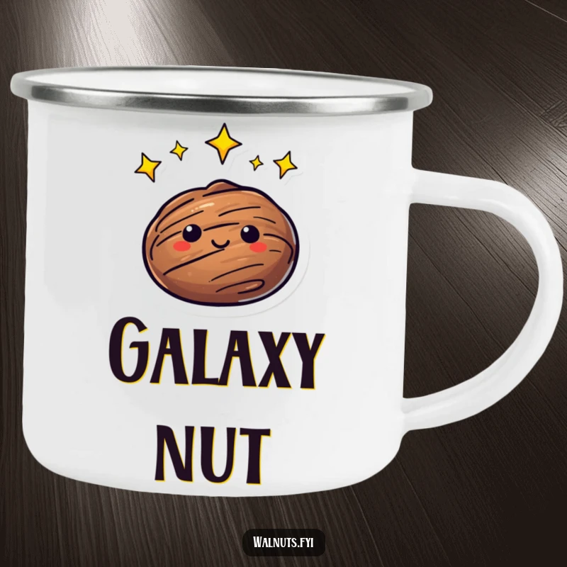 Funny Camping Mug with a walnut character surrounded by twinkling stars, perfect for enjoying beverages during outdoor adventures.