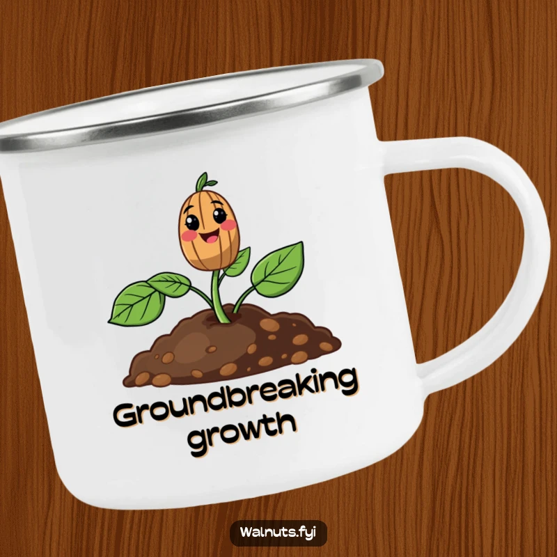 Funny camping mug featuring a smiling walnut sprout emerging from the soil, ideal for outdoor adventures.