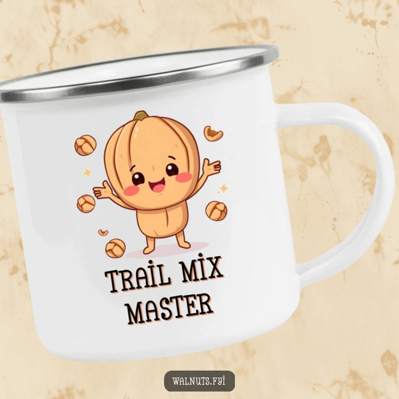 Funny happy walnut character juggling smaller walnut pieces during an outdoor adventure, a humorous camping mug.