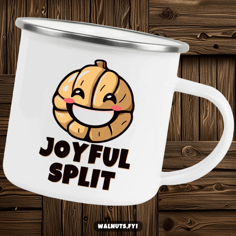 Funny camping mug featuring a stylized walnut cracking into a smile, perfect for outdoor sipping and spreading cheer, a funny gift.