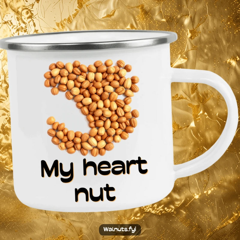 Funny camping mug with nuts forming a heart, perfect for sharing love on adventures.