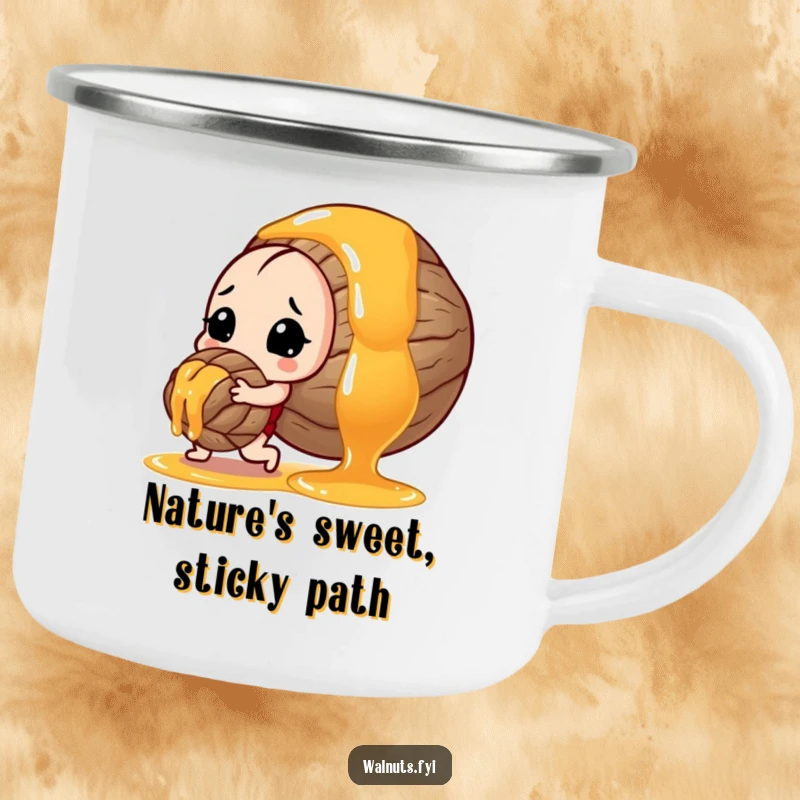 Funny camping mug featuring a strong walnut pushing a big drop of honey, suited for outdoor enthusiasts.