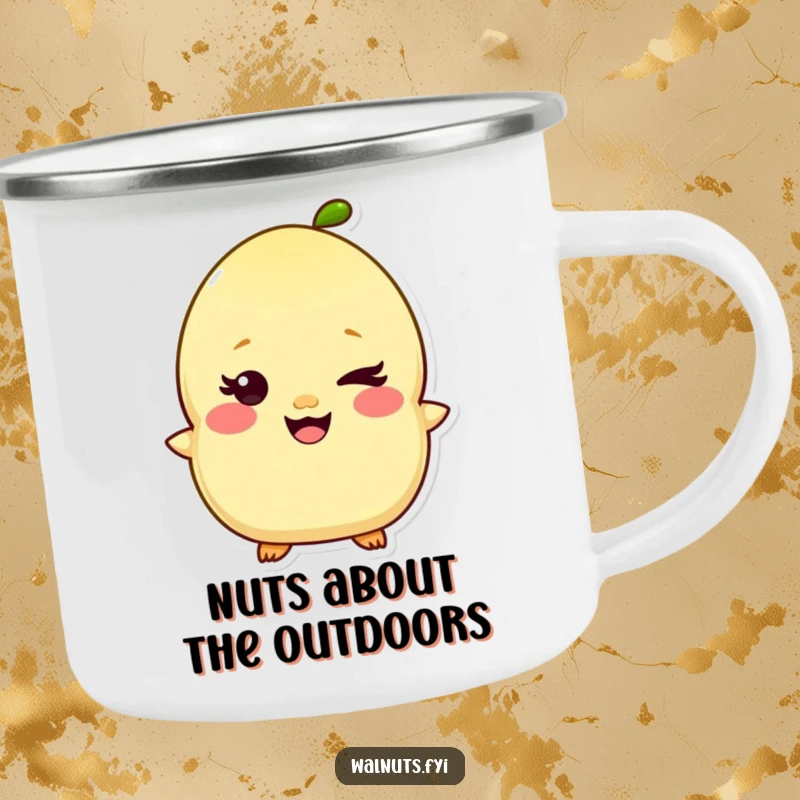 Funny Kawaii Pistachio Camping Mug with a giggling character and a mischievous wink, perfect for humorous outdoor enjoyment. Great funny gift.