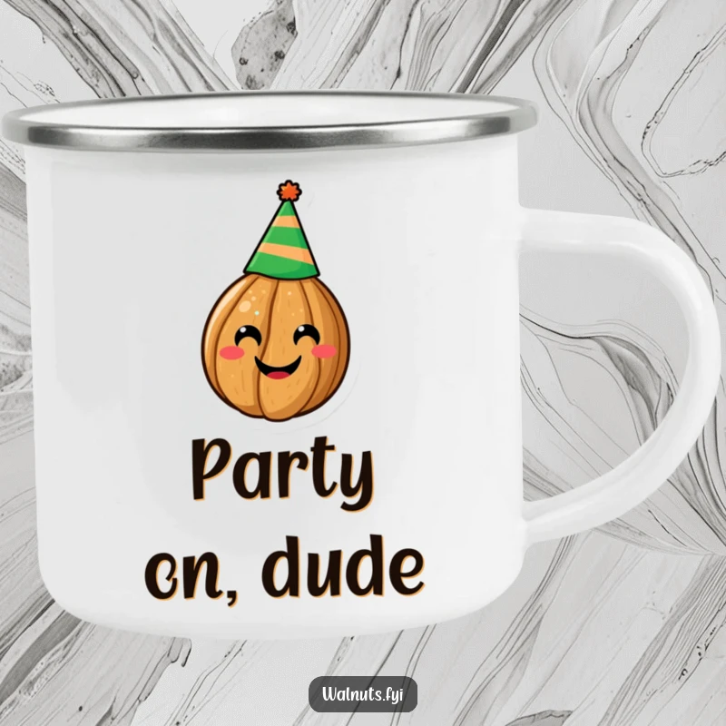 Funny camping mug featuring a happy walnut with a party hat, perfect for outdoor sipping and adding humor, a funny gift.