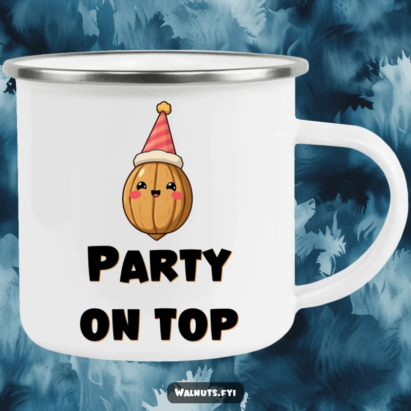 Funny Camping Mug with a cheerful crowned walnut wearing a party hat, ready for outdoor fun and warm drinks.