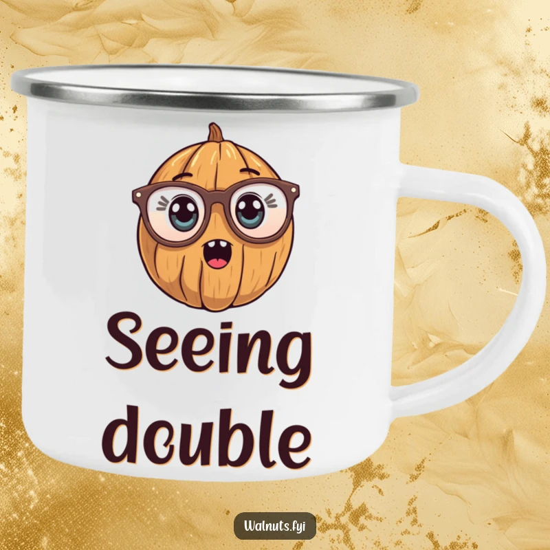 Funny Camping Mug with a walnut character wearing oversized reading glasses, looking surprised, ideal for outdoor enjoyment.