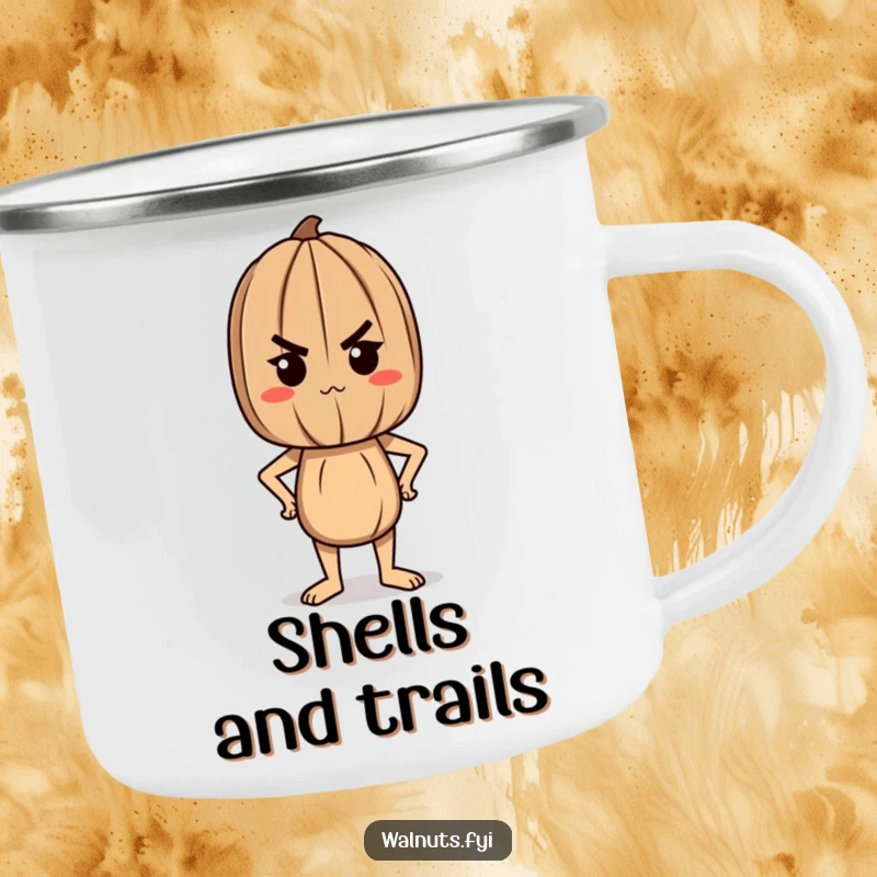 Funny camping mug featuring a determined walnut character standing tall and proud, ideal for outdoor enthusiasts with a strong spirit.