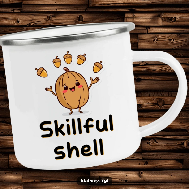 Funny Camping Mug with a stylized walnut character juggling three colorful acorns, ideal for enjoying beverages during outdoor activities.