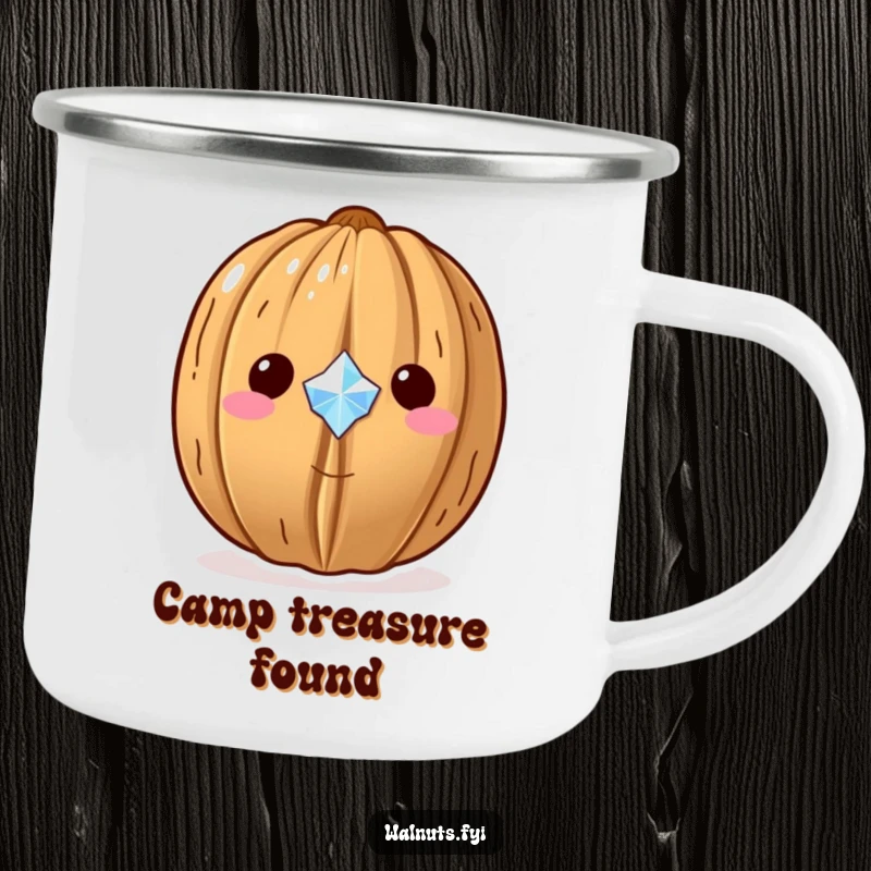Funny Kawaii walnut camping mug, a walnut proudly displaying a tiny sparkling gem, perfect for outdoor enthusiasts.