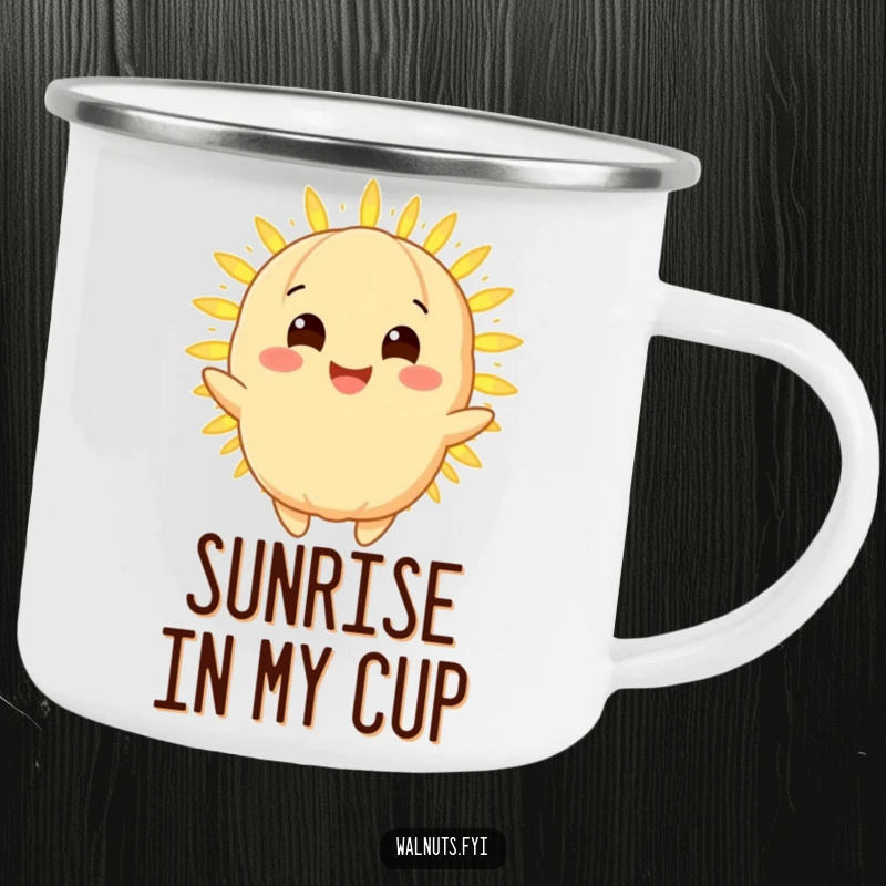 Funny macadamia nut camping mug with a radiant smiling golden character sharing a warm glowing light, ideal for outdoor humor.