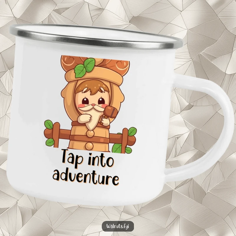 Funny camping mug depicting a curious walnut character tapping a large nutcracker with a small mallet.