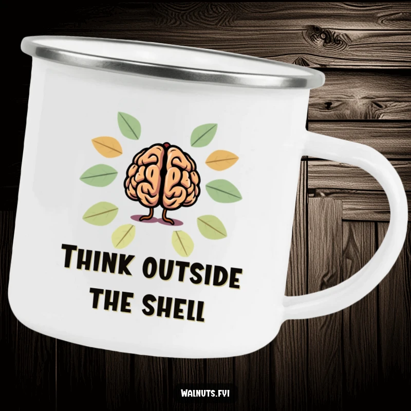 Funny brain and walnut silhouette camping mug, a durable and humorous companion for outdoor trips.