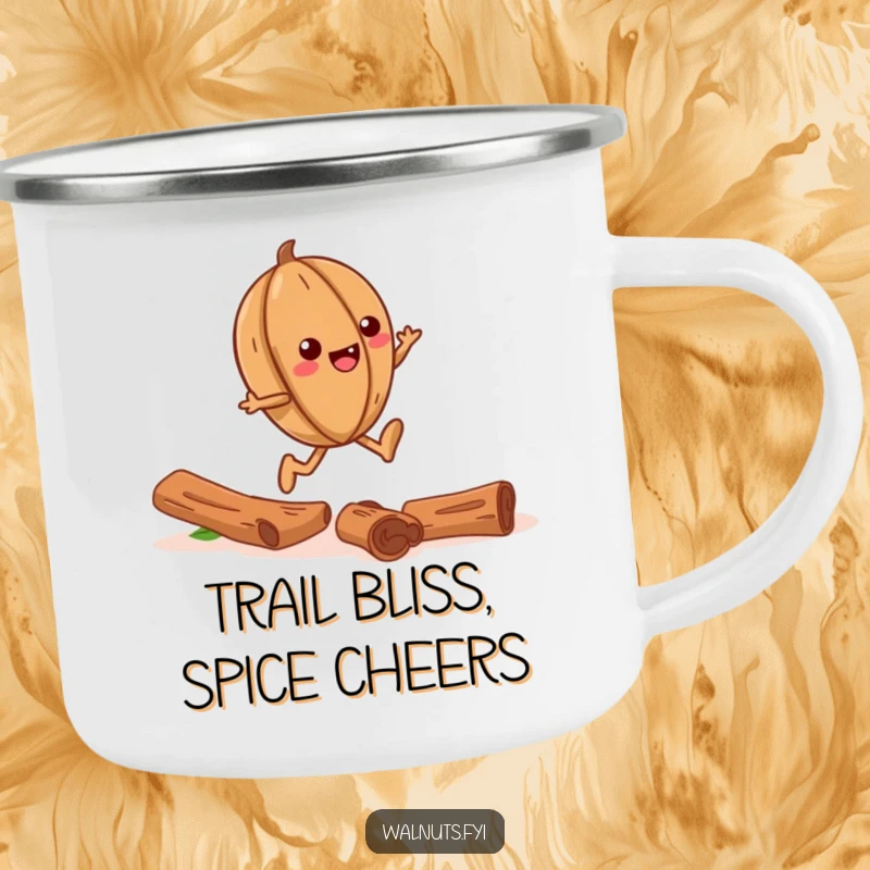 Funny camping mug showing a joyful walnut skipping down a cinnamon stick trail, ideal for outdoor enthusiasts.