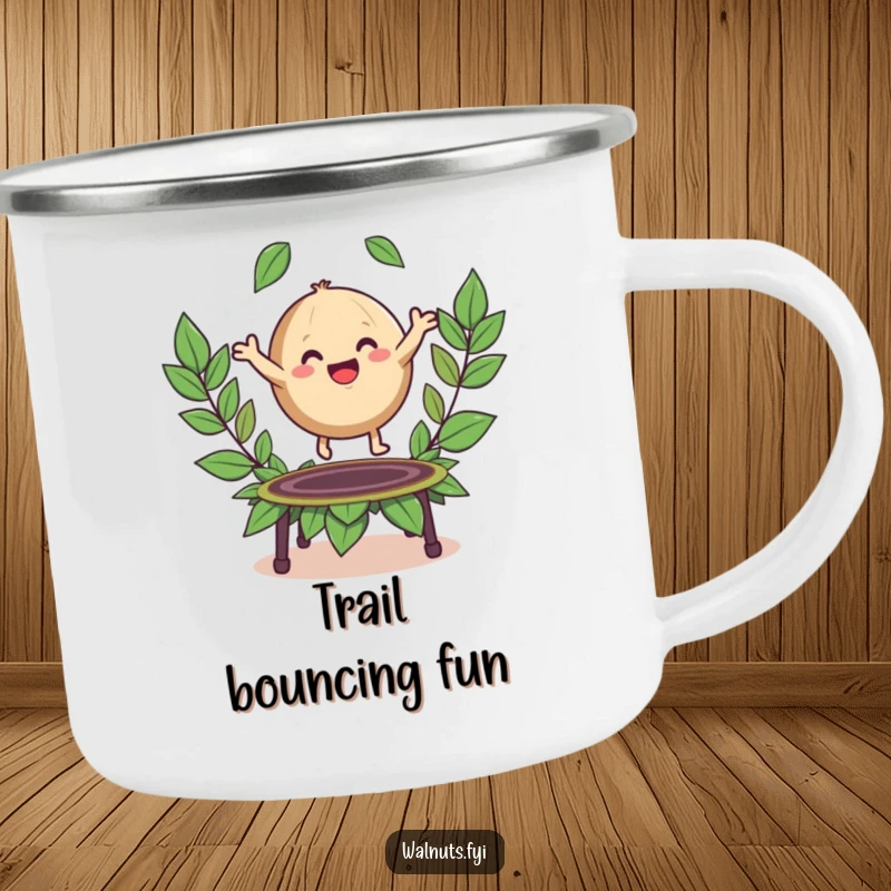 Funny camping mug with a happy, round walnut character bouncing on a trampoline made of leaves.