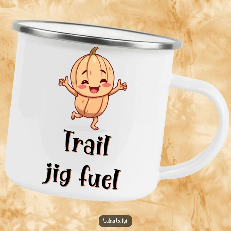 Funny enamel camping mug with a cheerful, gnarled walnut character performing a happy jig, ready for the outdoors.