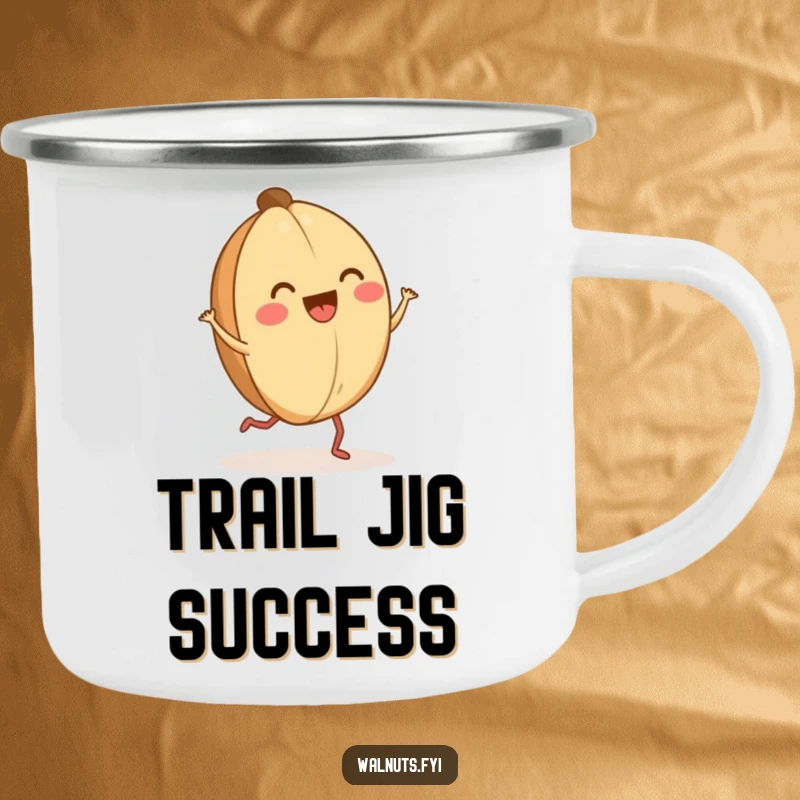 Funny happy walnut jig camping mug showing a dancing walnut with tiny legs, humorous outdoor gear.