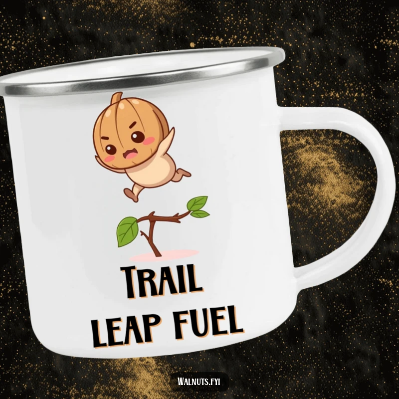 Funny determined walnut character leaping over a twig on this durable and humorous camping mug.