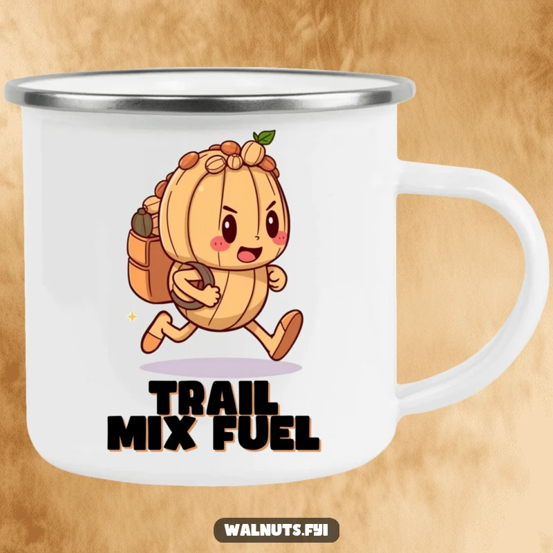 Funny camping mug displaying a determined walnut character in a sprint with a nut-filled backpack, for outdoor enthusiasts.