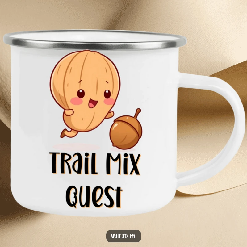 Funny Kawaii walnut camping mug, showing a playful walnut hilariously chasing an acorn, perfect for outdoor enthusiasts.