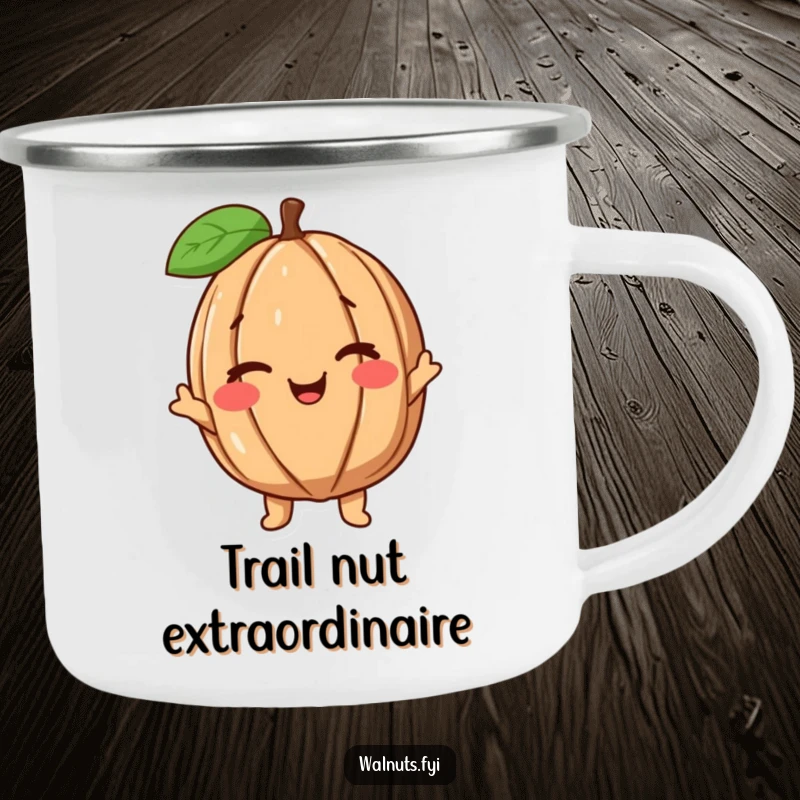 Funny Enamel Walnut Camping Mug with a happy walnut character giving a friendly wink, perfect for outdoor use.