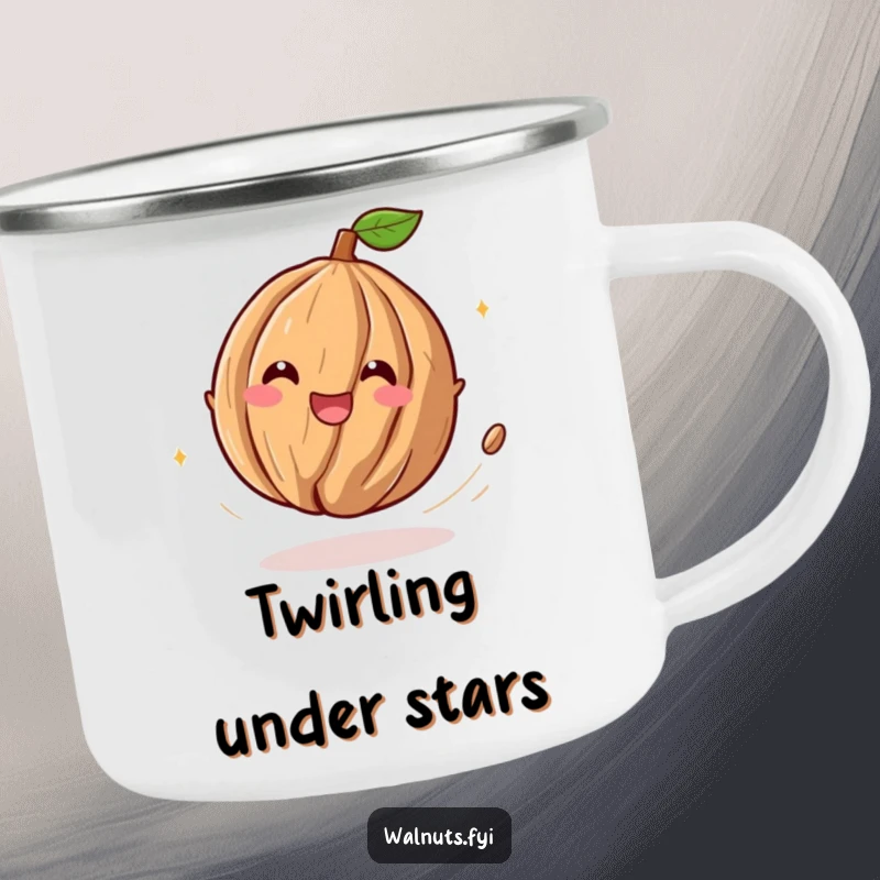 Funny camping mug with a playful walnut character spinning with delighted abandon, radiating fun and outdoor cheer.
