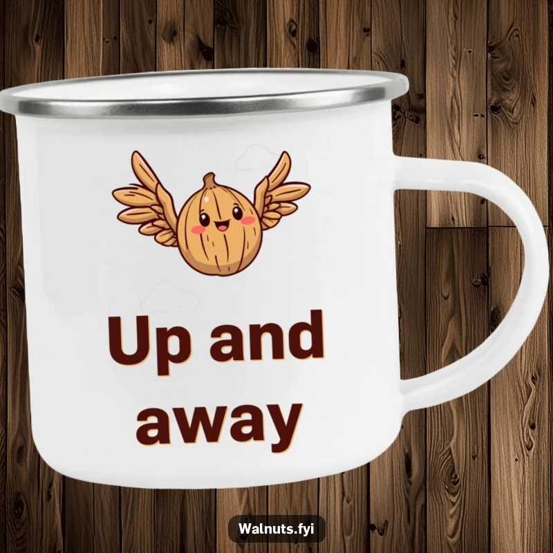 Funny camping mug featuring a walnut with wings joyfully flapping, ready for any outdoor adventure.