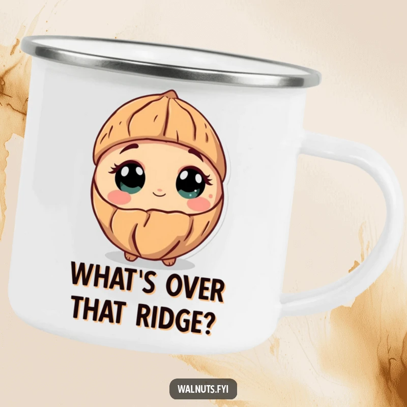 Funny camping mug with a curious walnut character tilting its shell, its wide eyes gazing out with wonder.