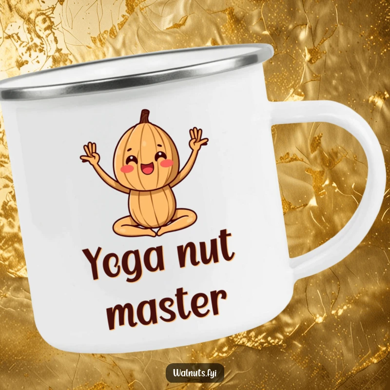 Funny camping mug with a walnut in a yoga pose, perfect for finding zen outdoors.