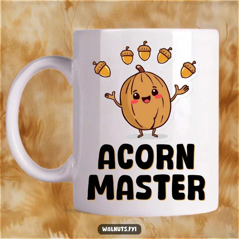 Funny Mug featuring a stylized walnut character skillfully juggling three colorful acorns, showcasing impressive dexterity.