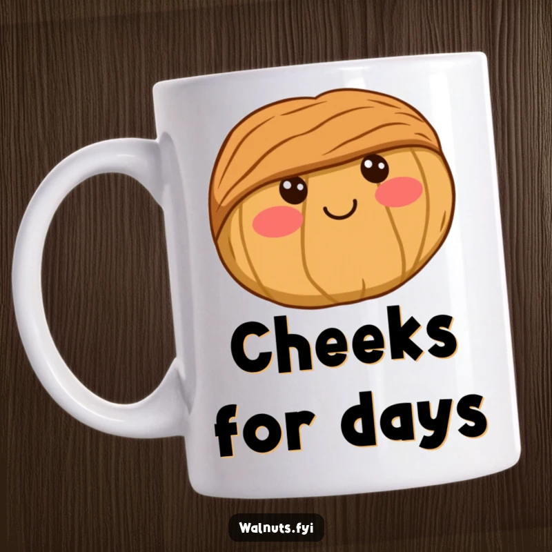 Funny Mug featuring an utterly cute kawaii walnut character with prominent rosy cheeks and a tiny, sweet smile.