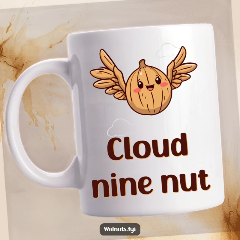 Funny mug featuring a walnut with wings happily flapping as it flies through the sky, embodying freedom.