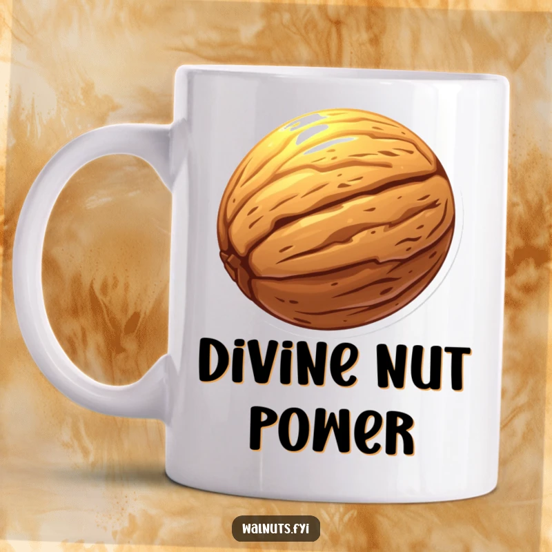 Funny mug featuring a single walnut with a bright, glowing aura, evoking mystical and humorous vibes.
