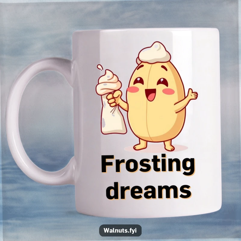Funny mug showing a delighted macadamia nut excitedly pointing at a frosting bag, celebrating sweet creations.