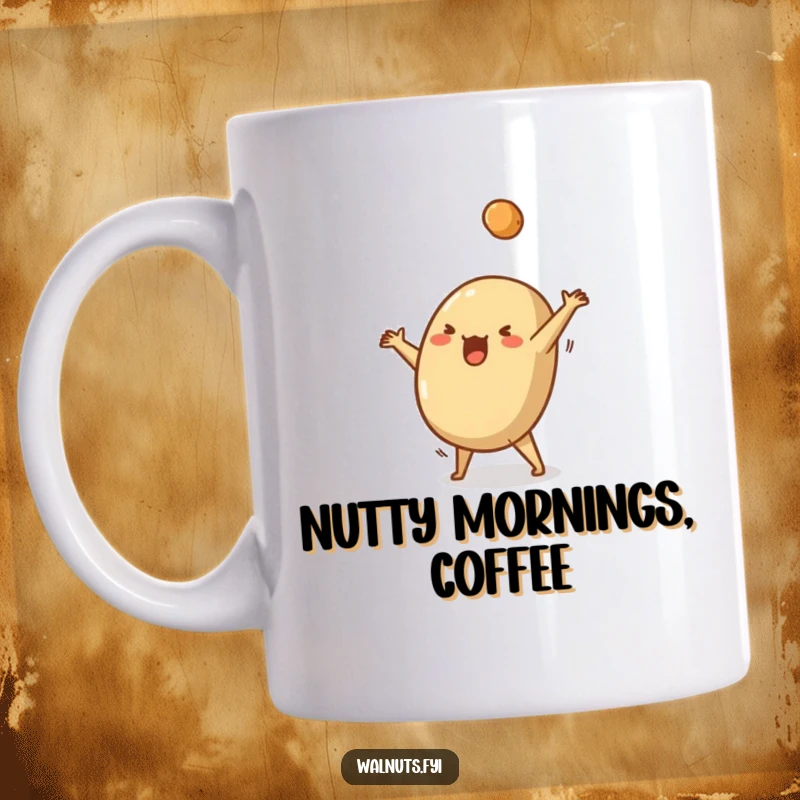 Funny mug showing a silly Brazil nut mid-cartwheel with a determined yet goofy grin, a tiny crumb flying off.