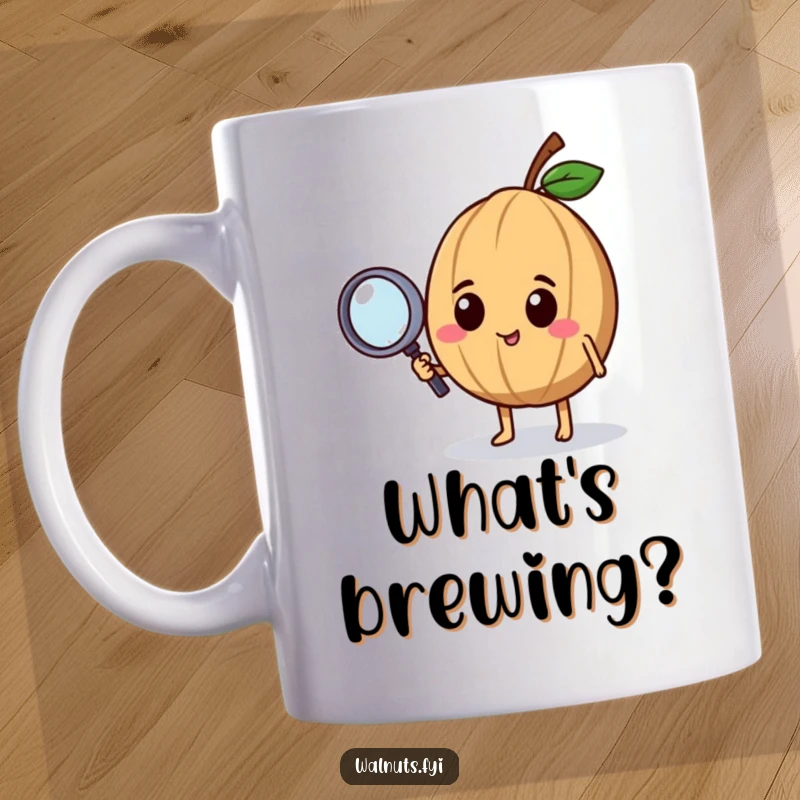 Funny mug featuring a happy walnut character holding a tiny magnifying glass, looking intently curious, symbolizing investigation.