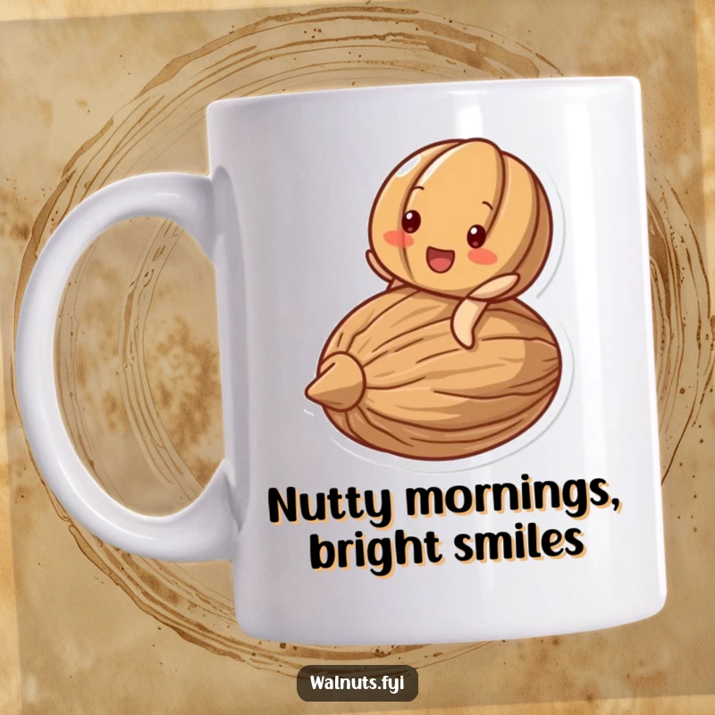 Funny mug: a delighted walnut character beams joyfully while riding on a larger, stylized nut.