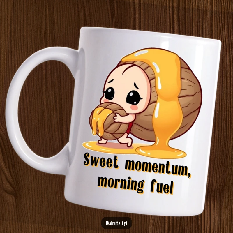 Funny mug showing a determined walnut heroically pushing a massive rolling drop of honey uphill with all its might.