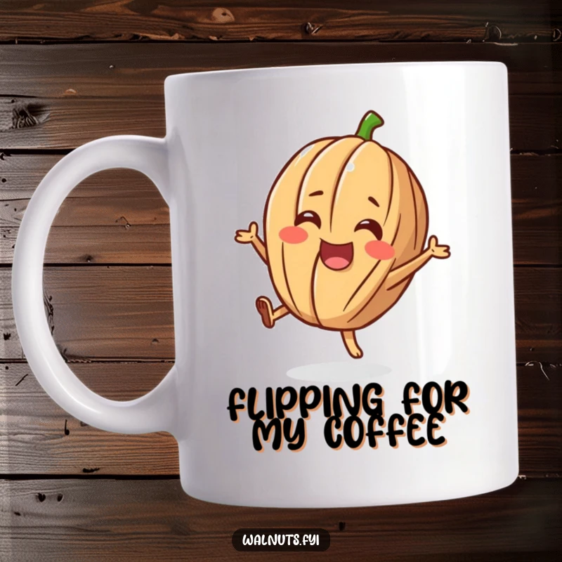 Funny mug showcasing a cheerful walnut character doing a happy little flip, bringing joy and humor.