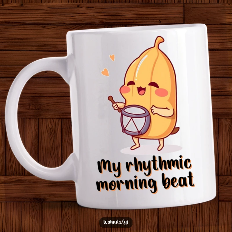 Funny mug featuring a giggling pecan enthusiastically playing a tiny drum, radiating pure joy and musical passion for a perfect gift.