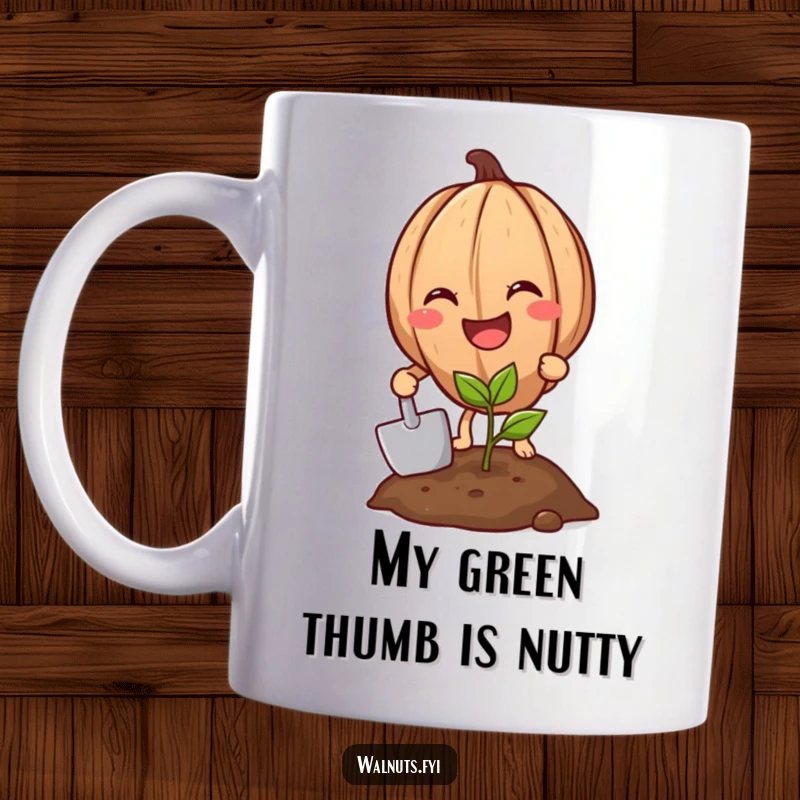 Funny Grinning Walnut Gardener Mug, planting a tiny sprout with a shovel, celebrating nature with a cheerful smile.