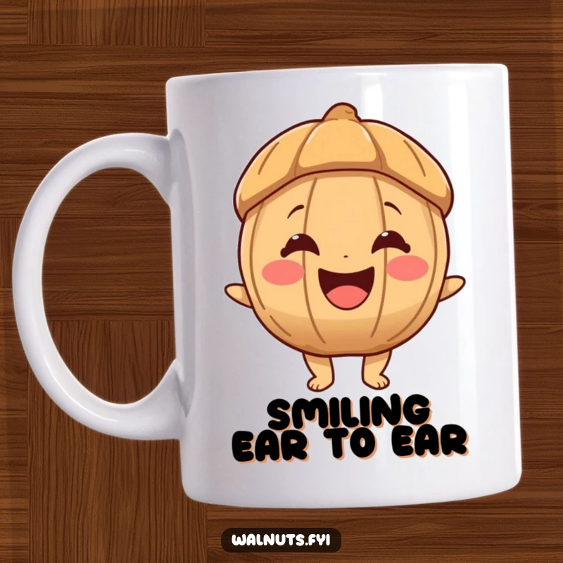 Funny mug featuring a joyous walnut character beaming with a big, infectious smile, radiating happiness and positivity.