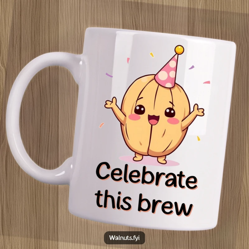 Funny Kawaii walnut mug, looking delighted while cheering with a colorful party streamer, perfect for celebrations.