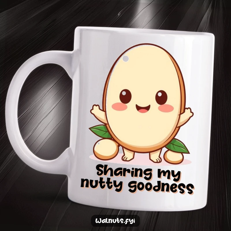 Funny mug depicting a happy Kawaii macadamia nut character offering a piece, symbolizing generosity and sweet sharing.