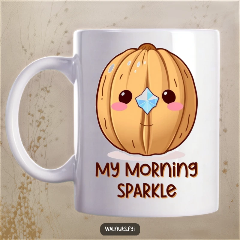 Funny Kawaii walnut mug, proudly showing off a tiny, sparkling gem with a satisfied and smug expression.